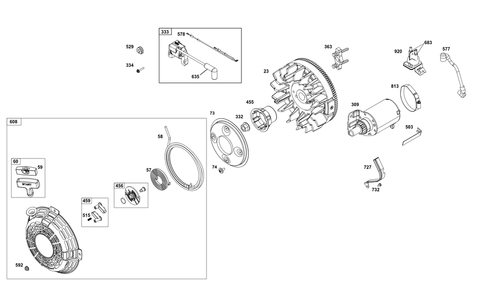 Flywheel, Ignition, And Starter Group Diagram and Parts List for 305447-0036-F1 200000 - 399999 Briggs and Stratton Engine